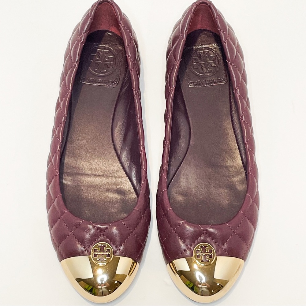 EUC Tory Burch Kaitlin Shiraz Quilted Leather Gold Logo Captoe Ballet Flats 8